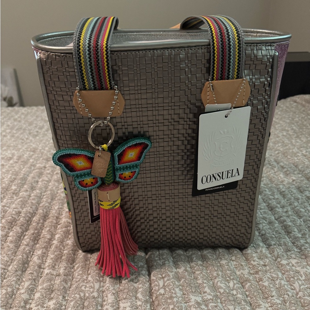 Consuela Metallic Woven Tote Bag with Colorful Strap - Silver with tassel.